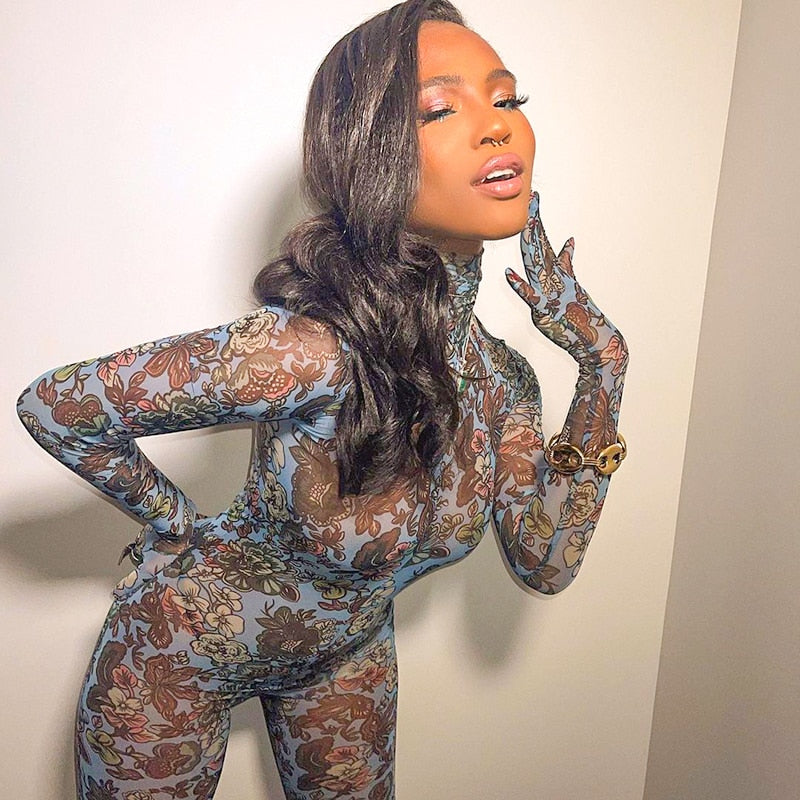 Mesh Turtleneck Jumpsuit With Floral Pattern Gloves See Through Bodycon Sheer Tight One Piece Catsuit Outfits Baddie