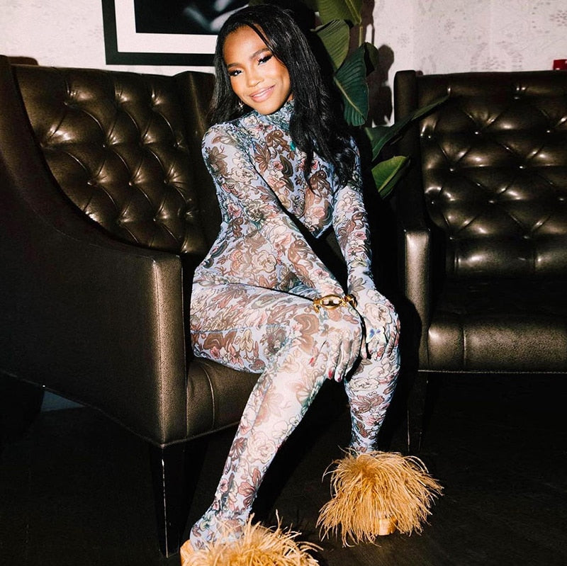 Mesh Turtleneck Jumpsuit With Floral Pattern Gloves See Through Bodycon Sheer Tight One Piece Catsuit Outfits Baddie