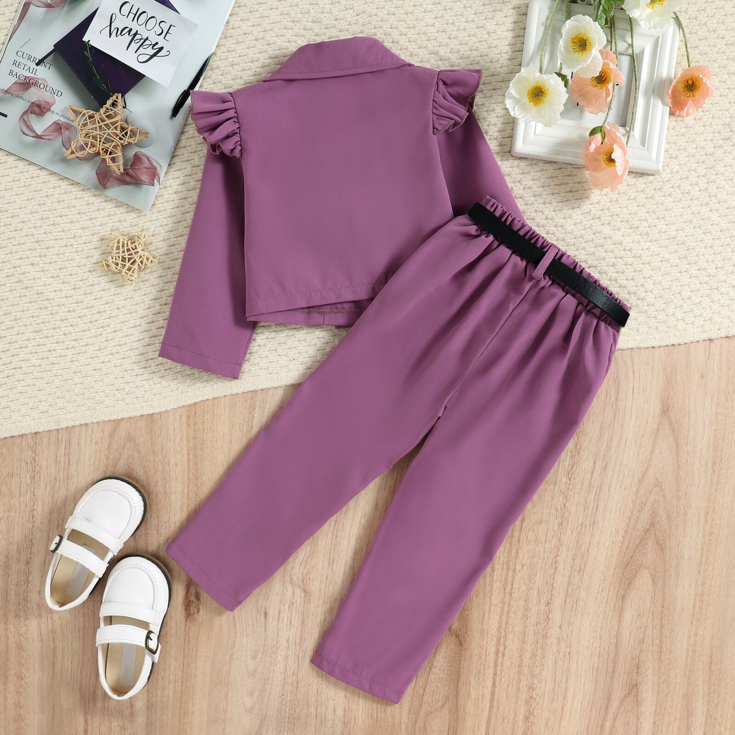Toddler Girl 3pcs Clothes Set Long Sleeve Button-Up Coat + Trousers + Belt Bag.