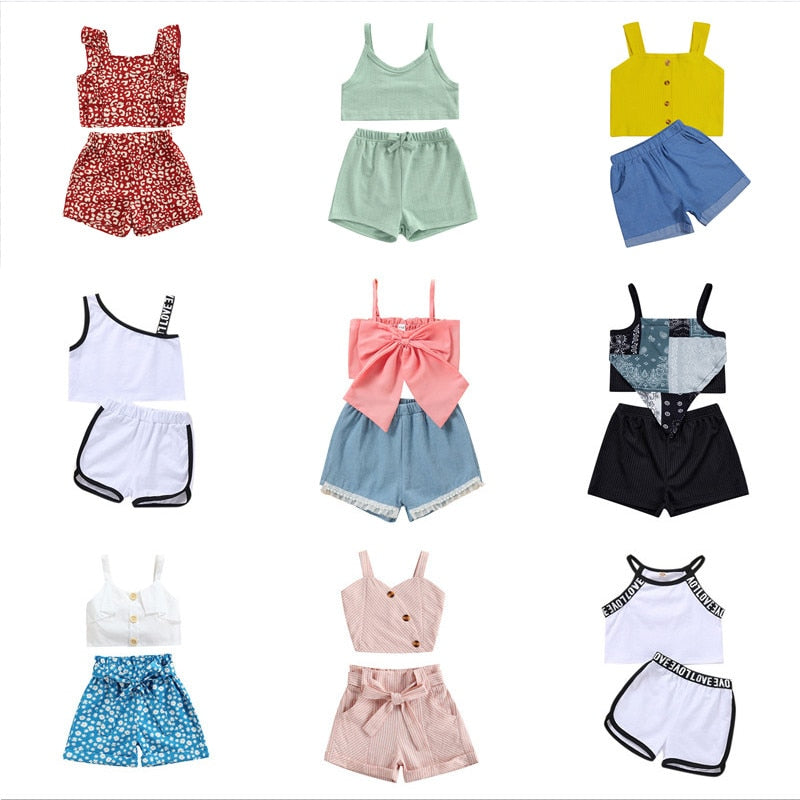 Toddler Girl's Fashion 2-piece Outfit Set, Top+ Shorts Set. Variety of colors and styles.