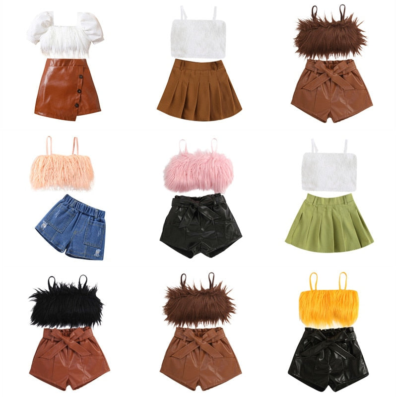 Toddler Girl's Short Set: Sleeveless Plush Decorative Sling Top with Elastic Waist Short and Belt Set