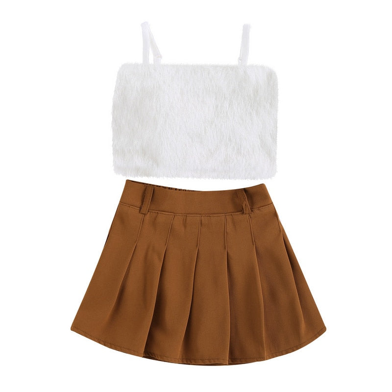 Toddler Girl's Short Set: Sleeveless Plush Decorative Sling Top with Elastic Waist Short and Belt Set