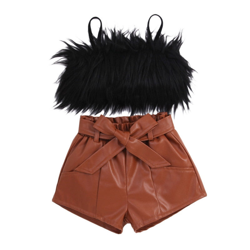 Toddler Girl's Short Set: Sleeveless Plush Decorative Sling Top with Elastic Waist Short and Belt Set