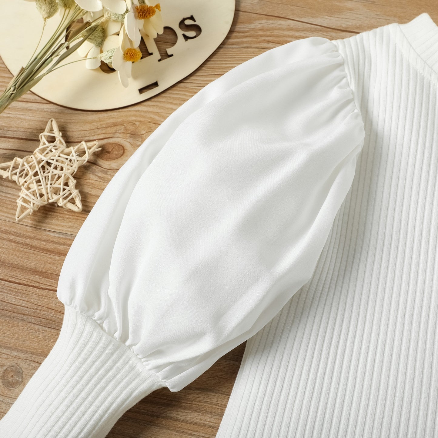 Elegant Fashion Girls Puff Sleeve Ribbed Blouse T-Shirt and Leather Long Pants With Belt 2PCS Set