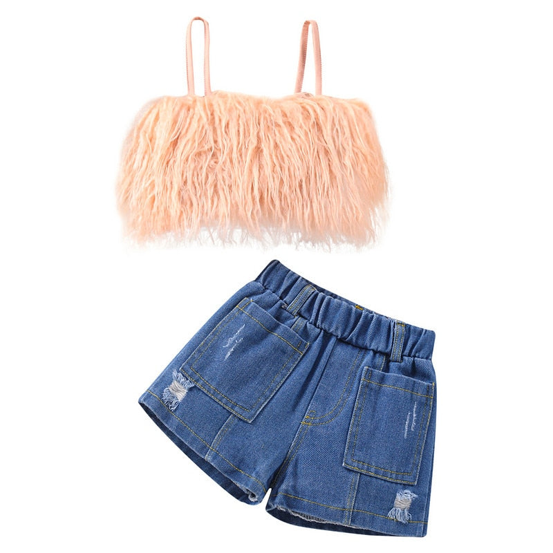 Toddler Girl's Short Set: Sleeveless Plush Decorative Sling Top with Elastic Waist Short and Belt Set