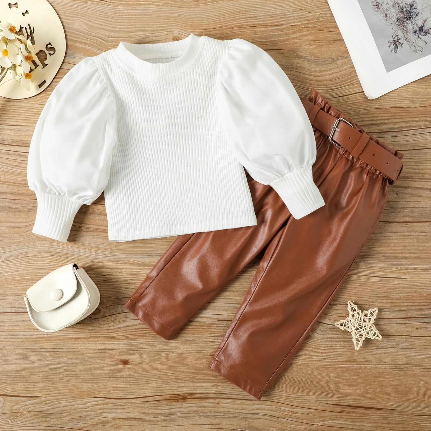 Elegant Fashion Girls Puff Sleeve Ribbed Blouse T-Shirt and Leather Long Pants With Belt 2PCS Set
