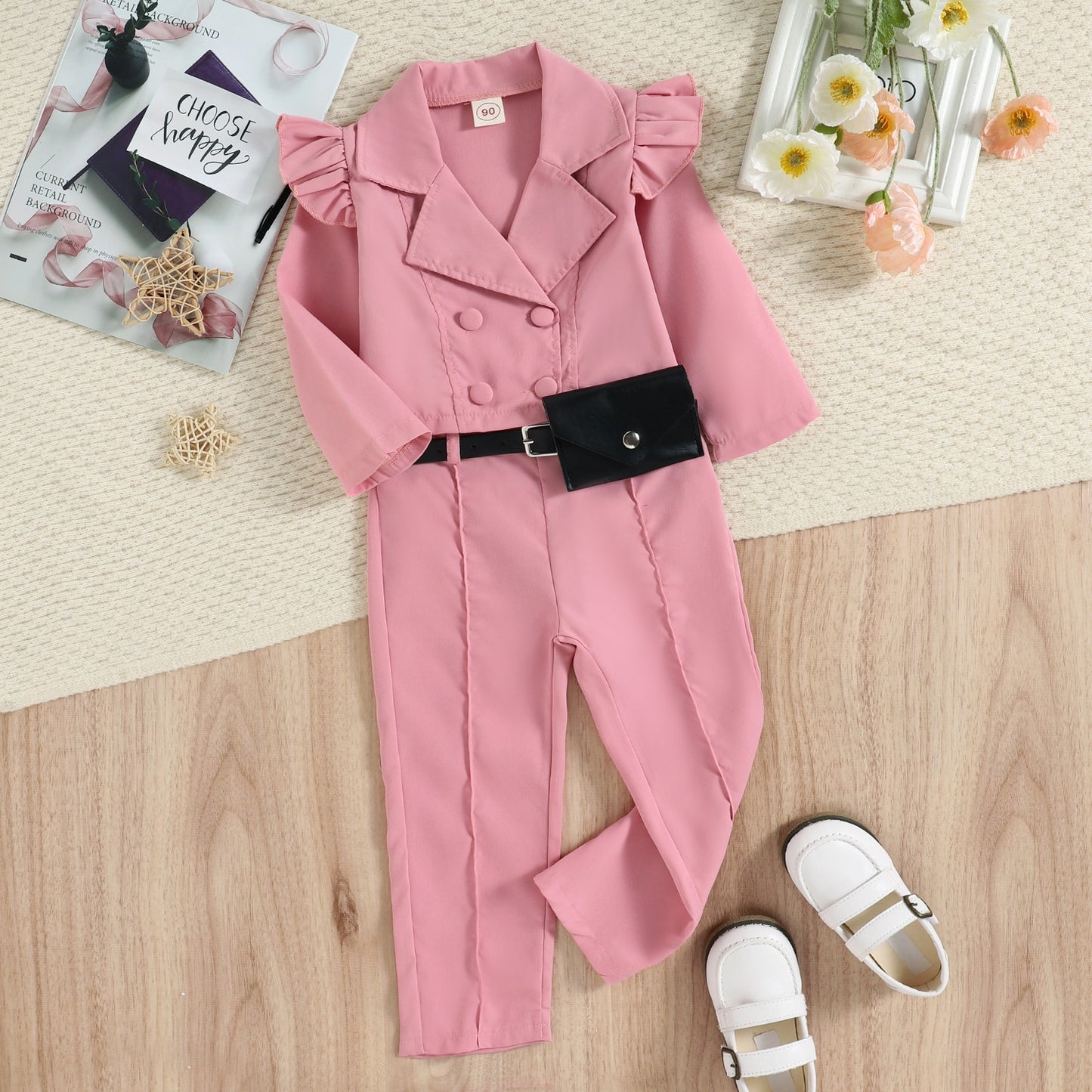Toddler Girl 3pcs Clothes Set Long Sleeve Button-Up Coat + Trousers + Belt Bag.