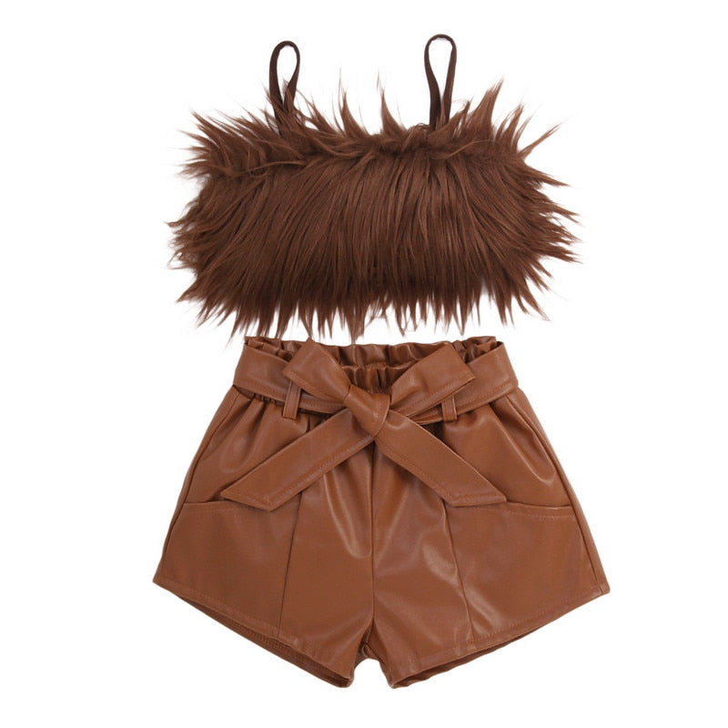 Toddler Girl's Short Set: Sleeveless Plush Decorative Sling Top with Elastic Waist Short and Belt Set