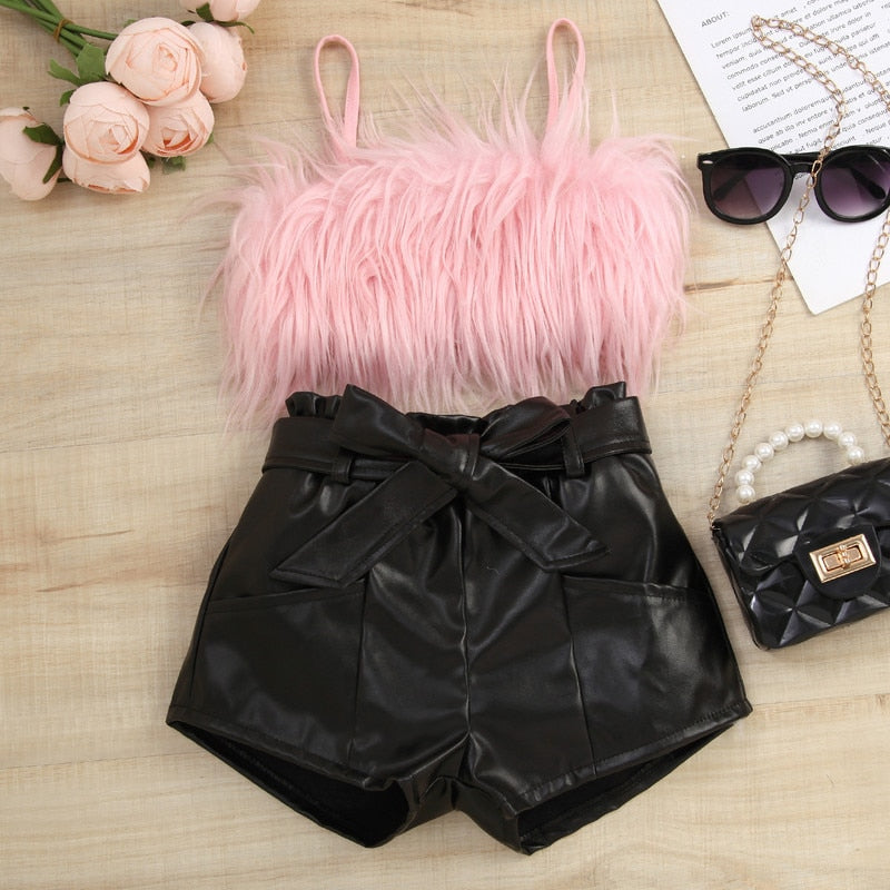 Toddler Girl's Short Set: Sleeveless Plush Decorative Sling Top with Elastic Waist Short and Belt Set