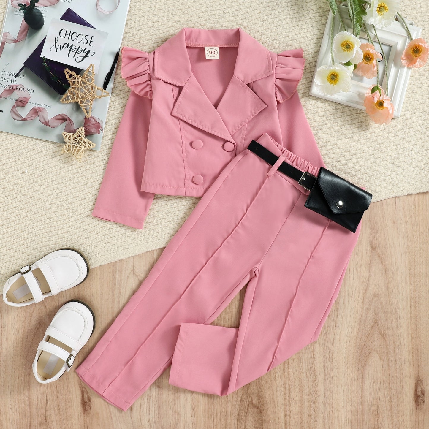 Toddler Girl 3pcs Clothes Set Long Sleeve Button-Up Coat + Trousers + Belt Bag.