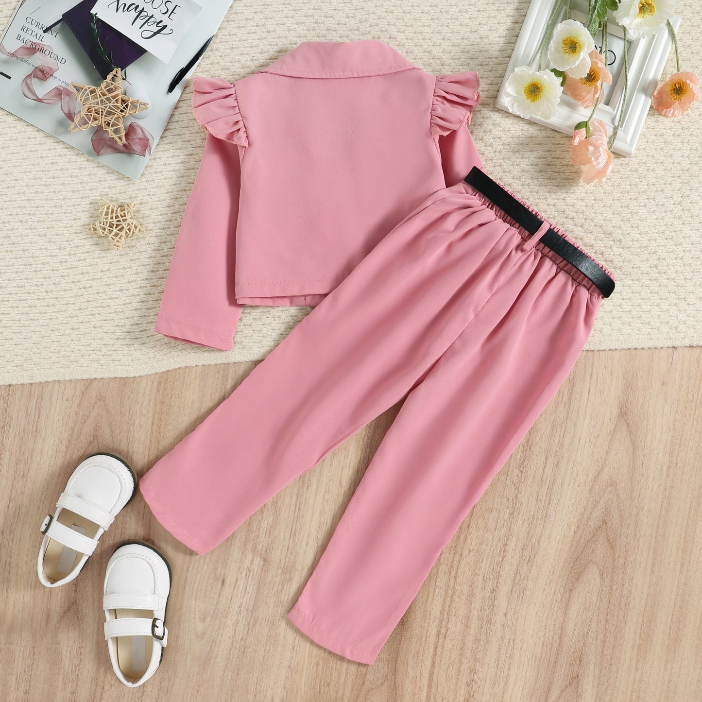 Toddler Girl 3pcs Clothes Set Long Sleeve Button-Up Coat + Trousers + Belt Bag.