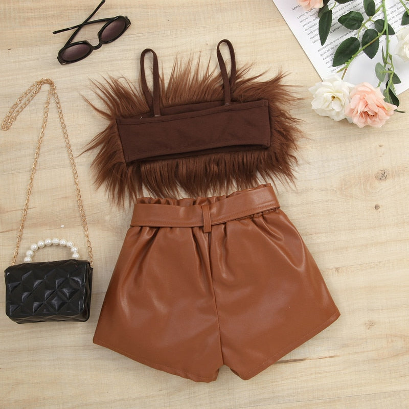 Toddler Girl's Short Set: Sleeveless Plush Decorative Sling Top with Elastic Waist Short and Belt Set