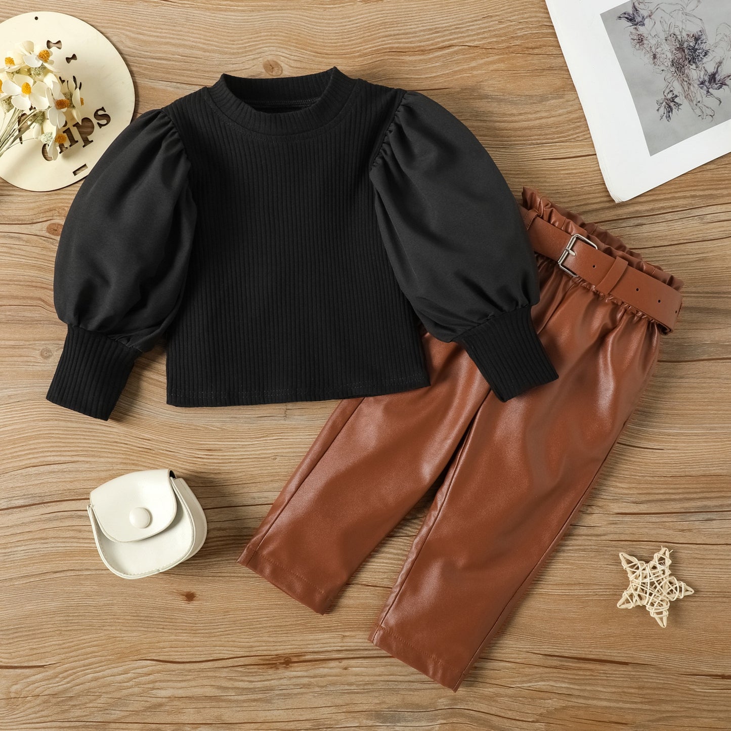 Elegant Fashion Girls Puff Sleeve Ribbed Blouse T-Shirt and Leather Long Pants With Belt 2PCS Set