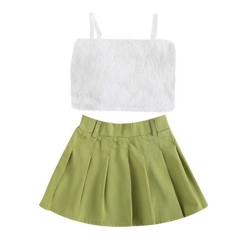 Toddler Girl's Short Set: Sleeveless Plush Decorative Sling Top with Elastic Waist Short and Belt Set