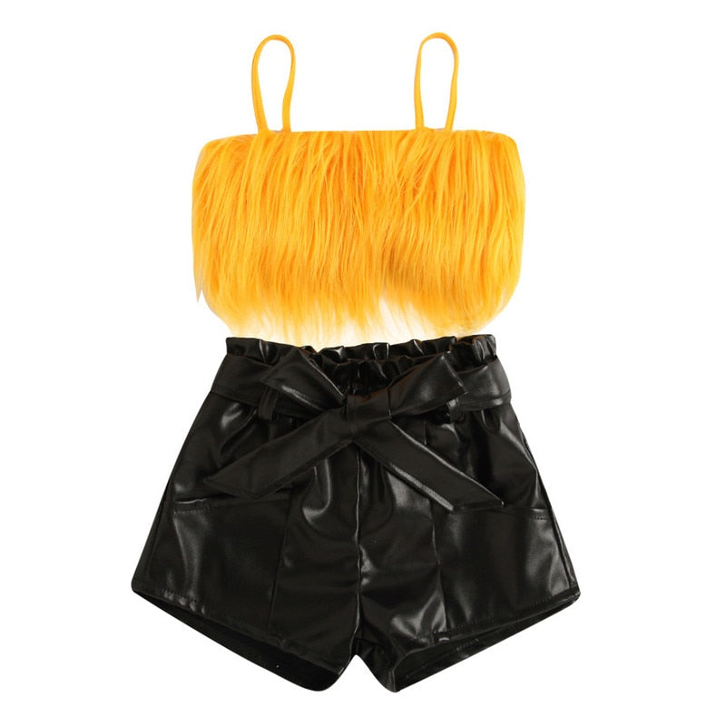 Toddler Girl's Short Set: Sleeveless Plush Decorative Sling Top with Elastic Waist Short and Belt Set
