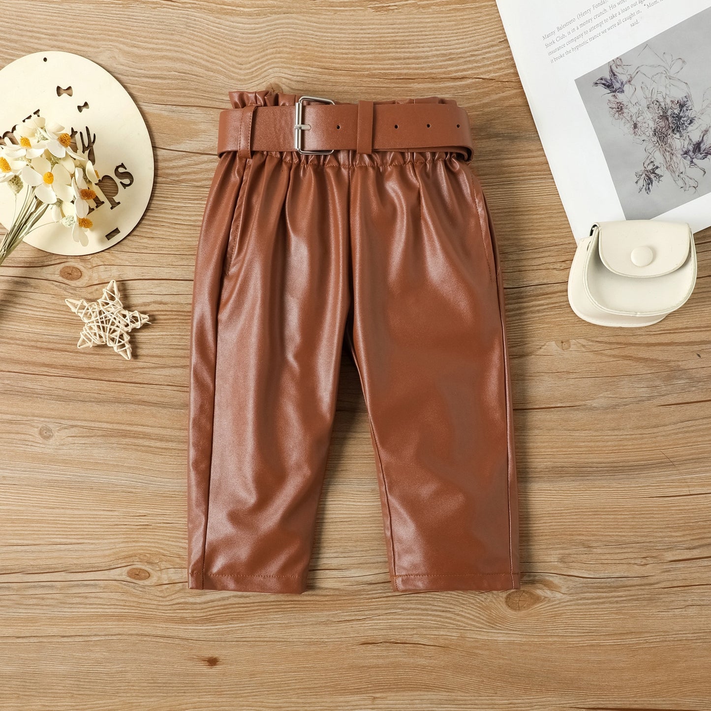 Elegant Fashion Girls Puff Sleeve Ribbed Blouse T-Shirt and Leather Long Pants With Belt 2PCS Set
