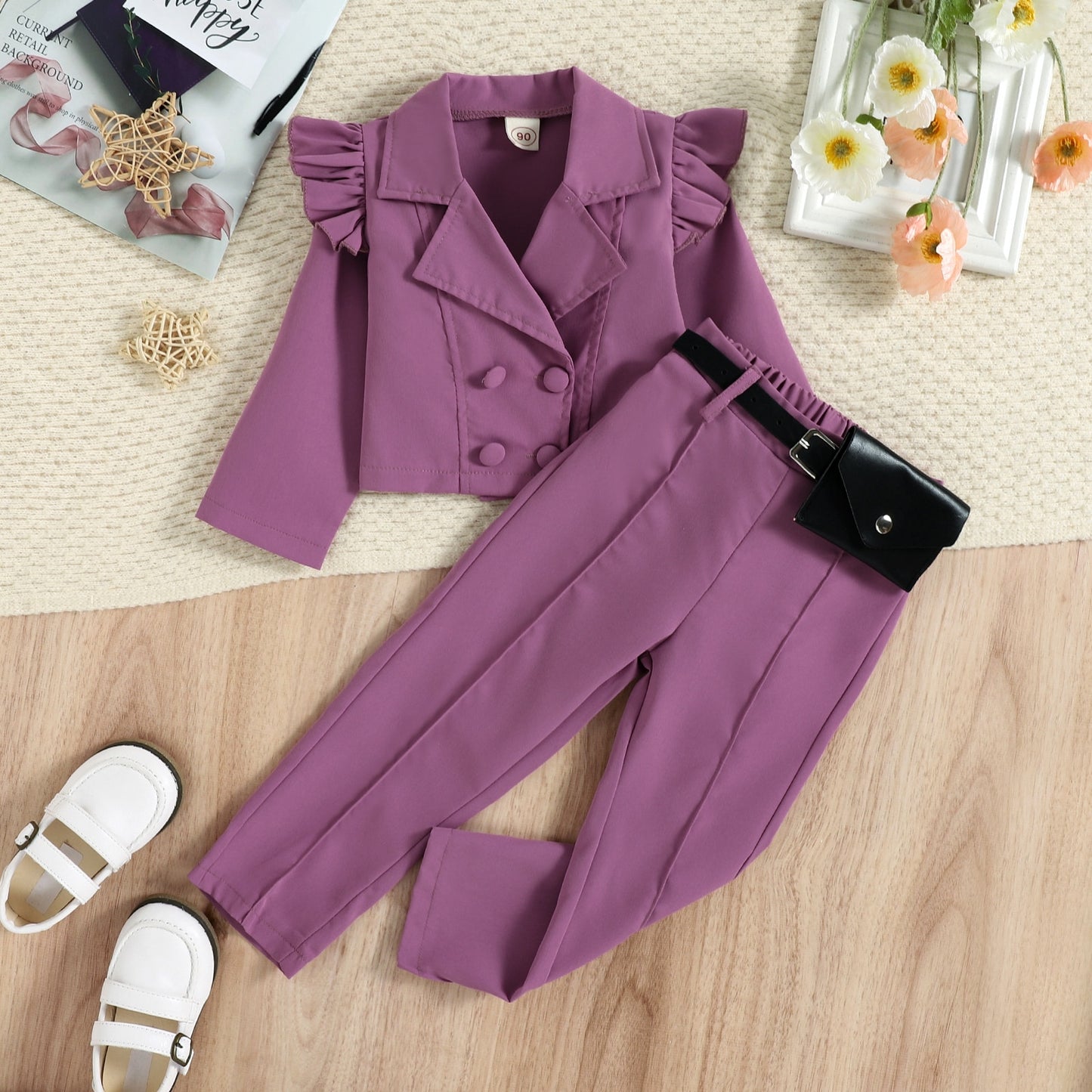 Toddler Girl 3pcs Clothes Set Long Sleeve Button-Up Coat + Trousers + Belt Bag.