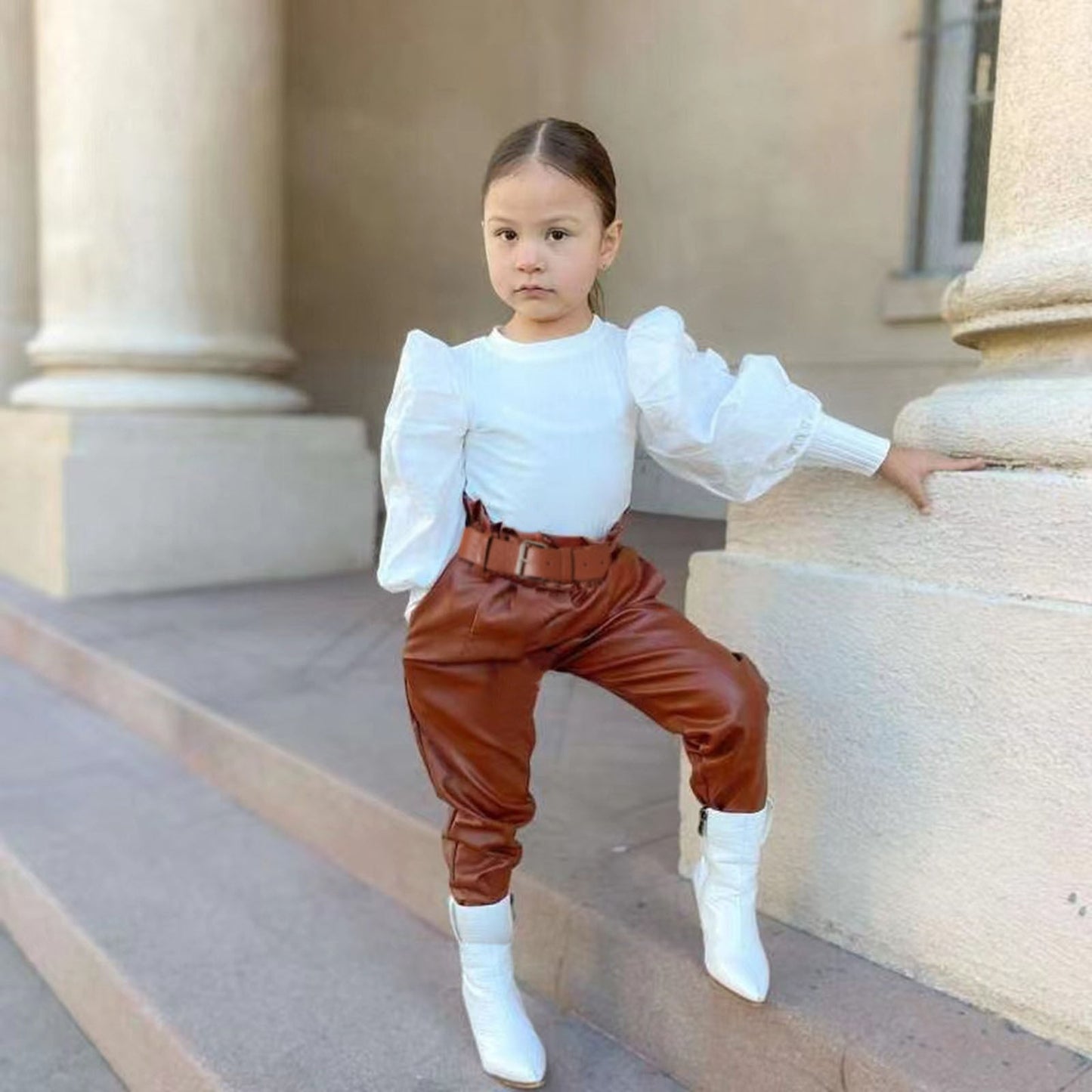 Elegant Fashion Girls Puff Sleeve Ribbed Blouse T-Shirt and Leather Long Pants With Belt 2PCS Set