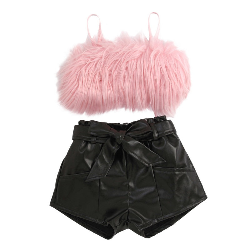 Toddler Girl's Short Set: Sleeveless Plush Decorative Sling Top with Elastic Waist Short and Belt Set