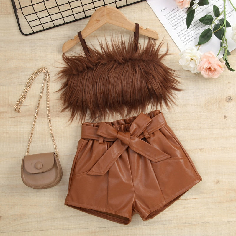 Toddler Girl's Short Set: Sleeveless Plush Decorative Sling Top with Elastic Waist Short and Belt Set