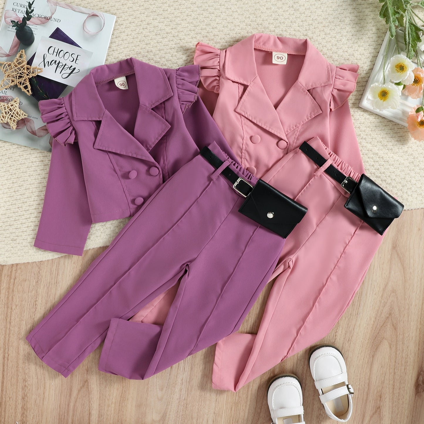 Toddler Girl 3pcs Clothes Set Long Sleeve Button-Up Coat + Trousers + Belt Bag.