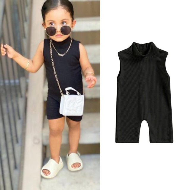 2023 Toddler Baby Girls Ribbed Rompers Kids Summer Sleeveless Cotton Jumpsuit Back Zipper Elastic Bodysuit Solid Clothes Outfits