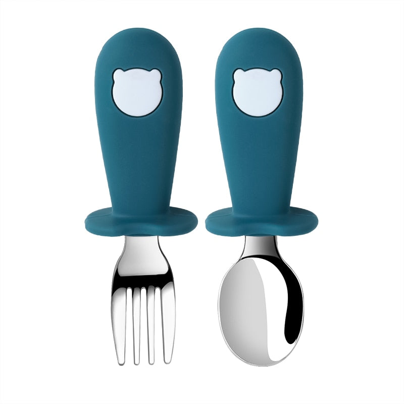 2PC/Set Baby Big-Grip Silicone Tableware Children Stainless Steel Dinnerware Toddler Cutlery Cartoon Infant Food Feeding Spoon Fork