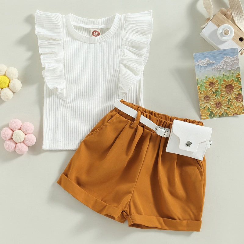 Baby Girl Summer Short Sets: Flying Sleeves, Ribbed Tank Tops, Elastic Shorts with Belt Set