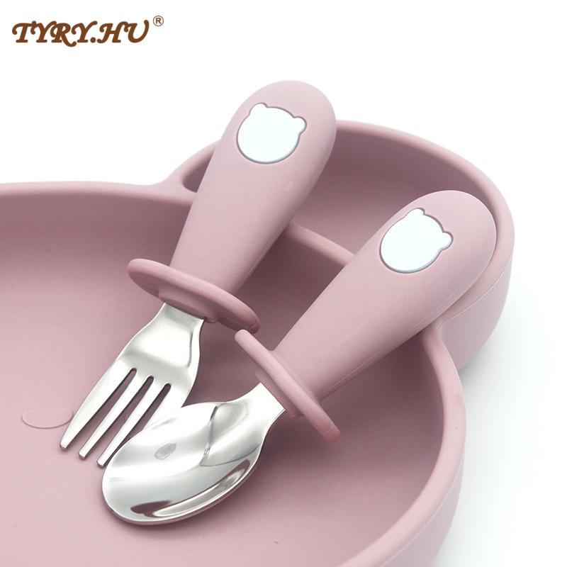 2PC/Set Baby Big-Grip Silicone Tableware Children Stainless Steel Dinnerware Toddler Cutlery Cartoon Infant Food Feeding Spoon Fork