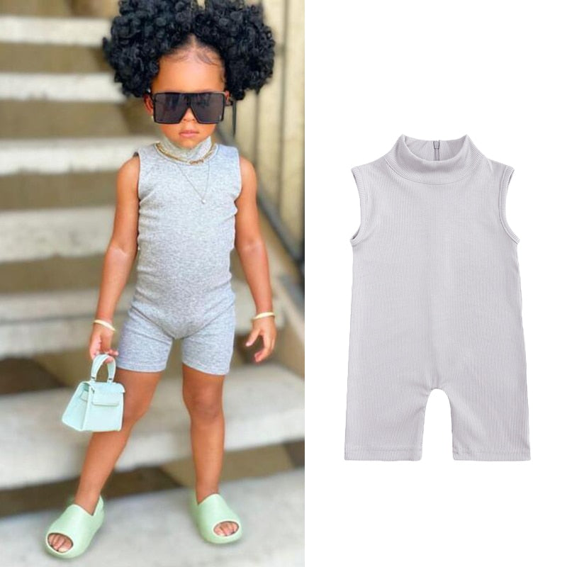 2023 Toddler Baby Girls Ribbed Rompers Kids Summer Sleeveless Cotton Jumpsuit Back Zipper Elastic Bodysuit Solid Clothes Outfits