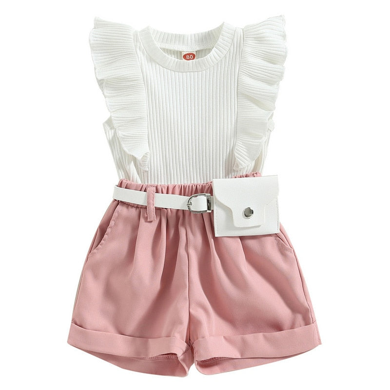 Baby Girl Summer Short Sets: Flying Sleeves, Ribbed Tank Tops, Elastic Shorts with Belt Set