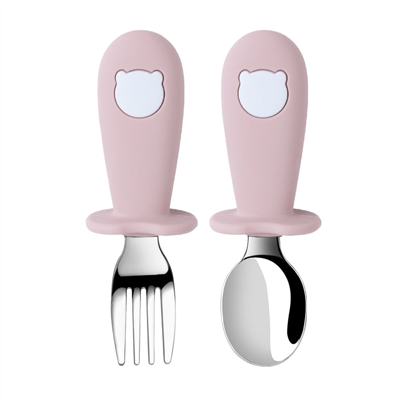 2PC/Set Baby Big-Grip Silicone Tableware Children Stainless Steel Dinnerware Toddler Cutlery Cartoon Infant Food Feeding Spoon Fork