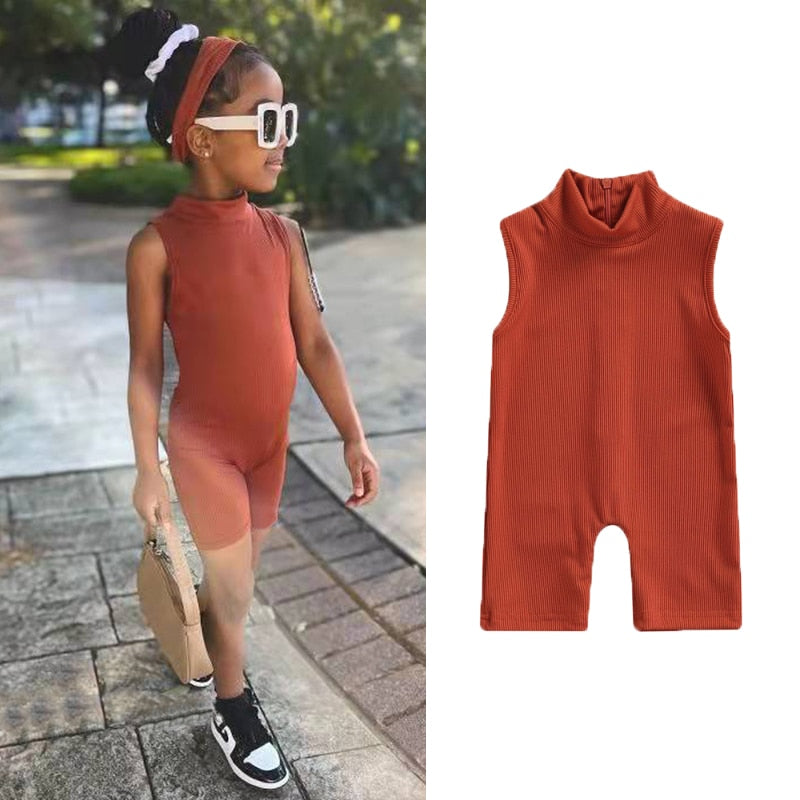 2023 Toddler Baby Girls Ribbed Rompers Kids Summer Sleeveless Cotton Jumpsuit Back Zipper Elastic Bodysuit Solid Clothes Outfits