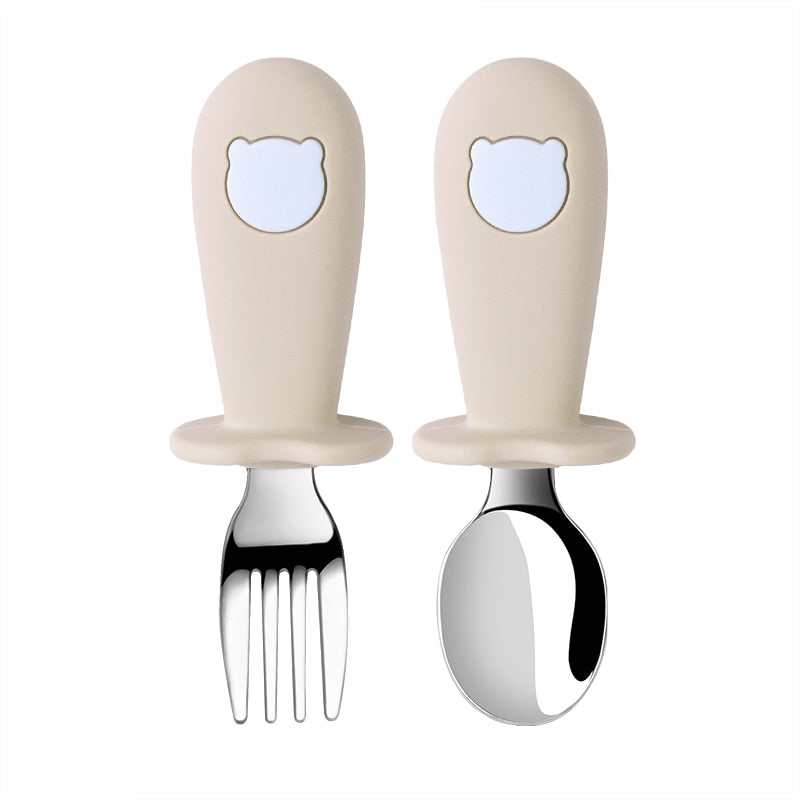 2PC/Set Baby Big-Grip Silicone Tableware Children Stainless Steel Dinnerware Toddler Cutlery Cartoon Infant Food Feeding Spoon Fork