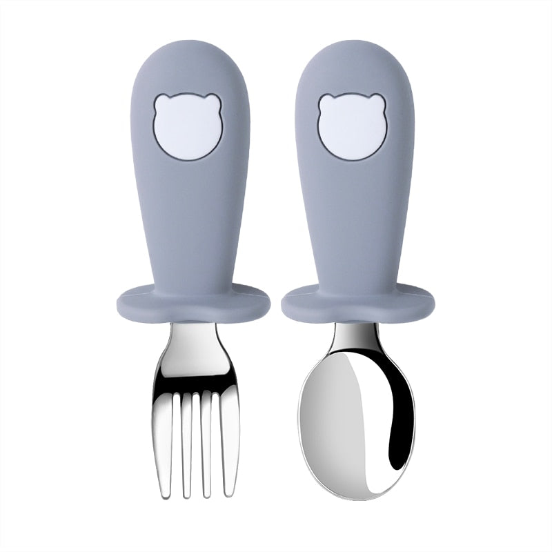 2PC/Set Baby Big-Grip Silicone Tableware Children Stainless Steel Dinnerware Toddler Cutlery Cartoon Infant Food Feeding Spoon Fork