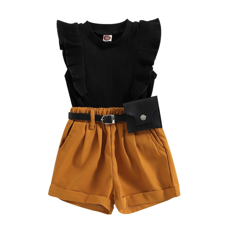 Baby Girl Summer Short Sets: Flying Sleeves, Ribbed Tank Tops, Elastic Shorts with Belt Set