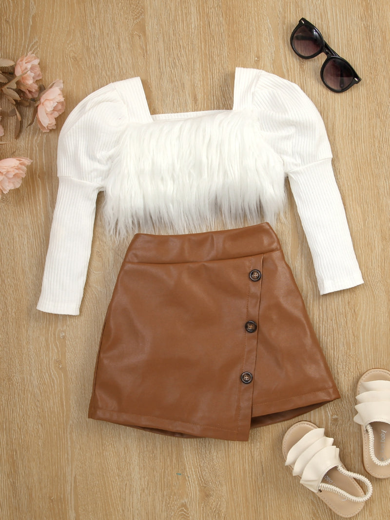 0-6Years Toddler Girls Autumn Outfit Sets White Long Sleeve Square Neck Furry Tops + Brown PU Leather Skirt