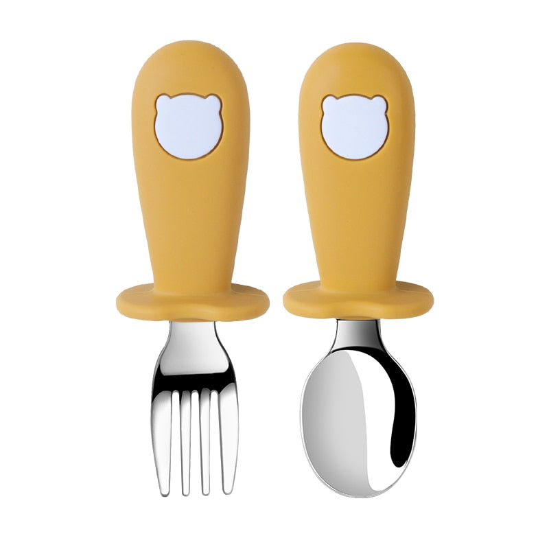 2PC/Set Baby Big-Grip Silicone Tableware Children Stainless Steel Dinnerware Toddler Cutlery Cartoon Infant Food Feeding Spoon Fork