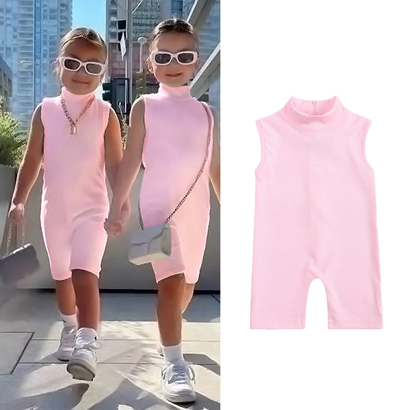 2023 Toddler Baby Girls Ribbed Rompers Kids Summer Sleeveless Cotton Jumpsuit Back Zipper Elastic Bodysuit Solid Clothes Outfits