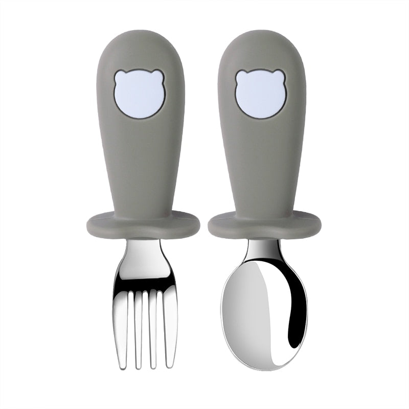 2PC/Set Baby Big-Grip Silicone Tableware Children Stainless Steel Dinnerware Toddler Cutlery Cartoon Infant Food Feeding Spoon Fork