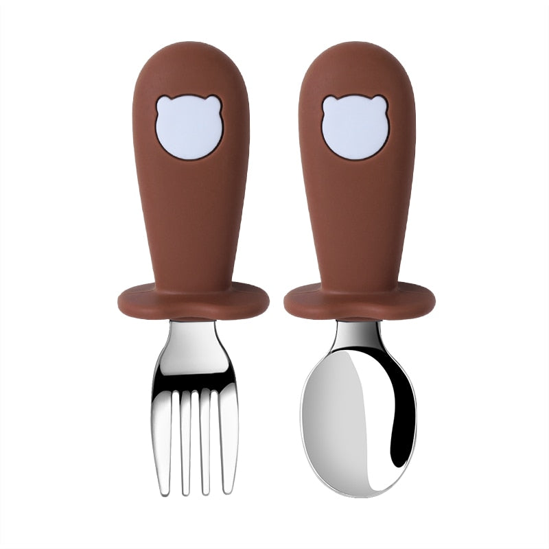 2PC/Set Baby Big-Grip Silicone Tableware Children Stainless Steel Dinnerware Toddler Cutlery Cartoon Infant Food Feeding Spoon Fork