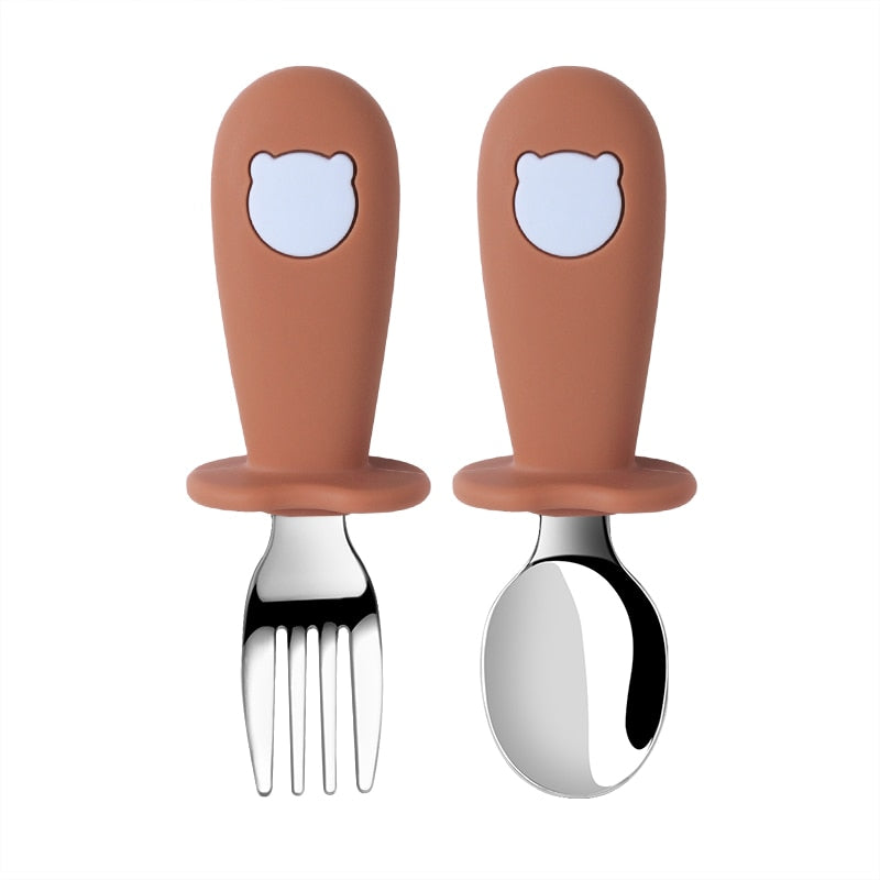 2PC/Set Baby Big-Grip Silicone Tableware Children Stainless Steel Dinnerware Toddler Cutlery Cartoon Infant Food Feeding Spoon Fork