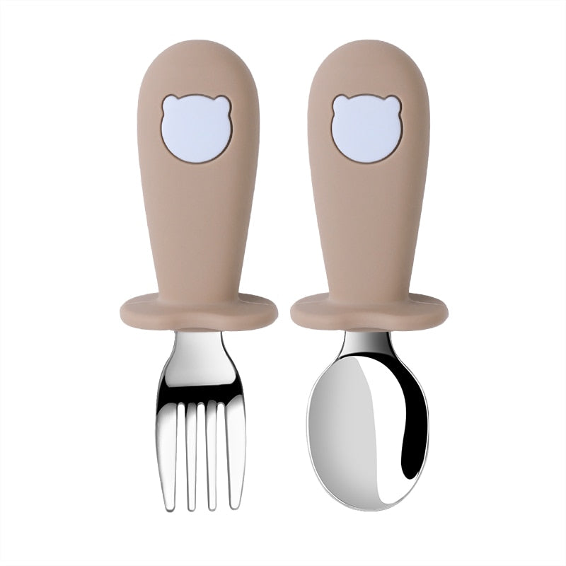 2PC/Set Baby Big-Grip Silicone Tableware Children Stainless Steel Dinnerware Toddler Cutlery Cartoon Infant Food Feeding Spoon Fork