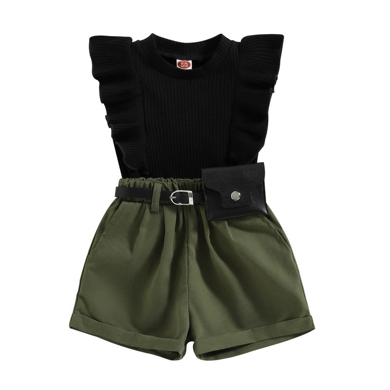 Baby Girl Summer Short Sets: Flying Sleeves, Ribbed Tank Tops, Elastic Shorts with Belt Set