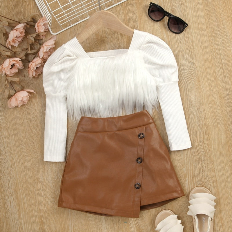 0-6Years Toddler Girls Autumn Outfit Sets White Long Sleeve Square Neck Furry Tops + Brown PU Leather Skirt