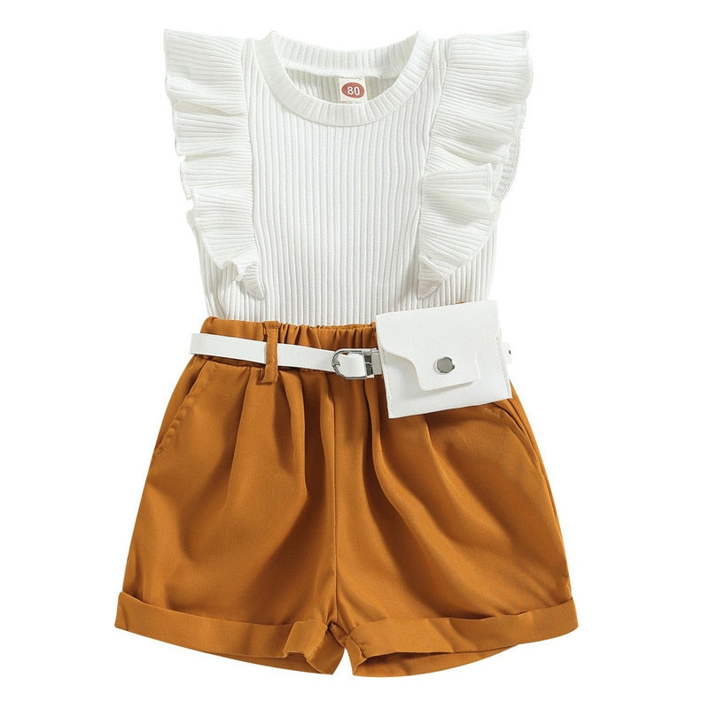 Baby Girl Summer Short Sets: Flying Sleeves, Ribbed Tank Tops, Elastic Shorts with Belt Set