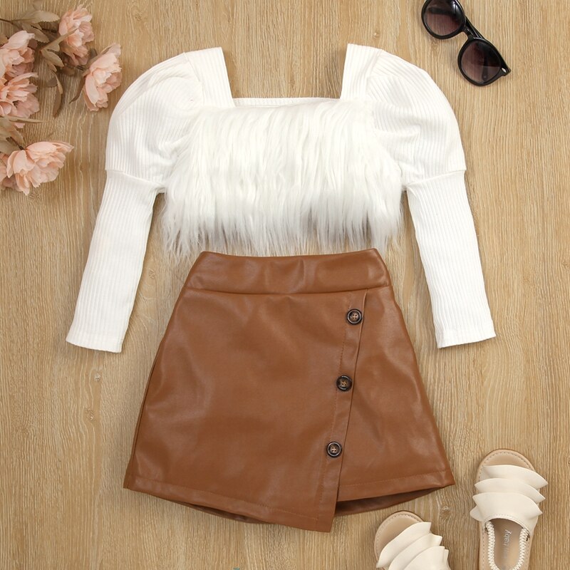 0-6Years Toddler Girls Autumn Outfit Sets White Long Sleeve Square Neck Furry Tops + Brown PU Leather Skirt