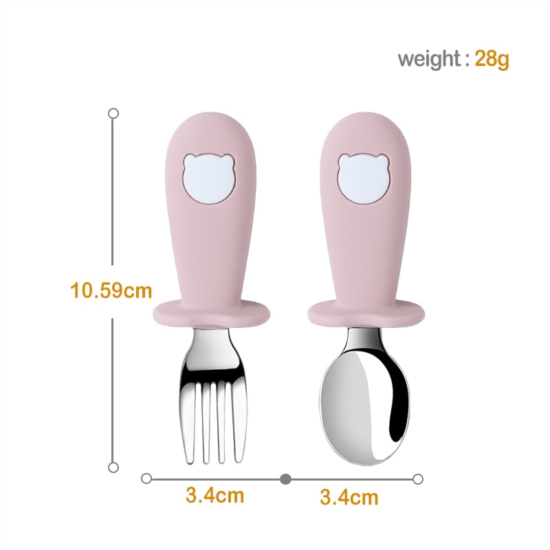 2PC/Set Baby Big-Grip Silicone Tableware Children Stainless Steel Dinnerware Toddler Cutlery Cartoon Infant Food Feeding Spoon Fork