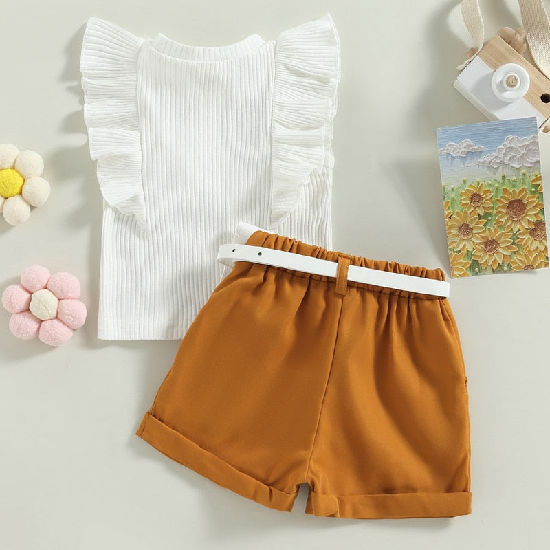 Baby Girl Summer Short Sets: Flying Sleeves, Ribbed Tank Tops, Elastic Shorts with Belt Set