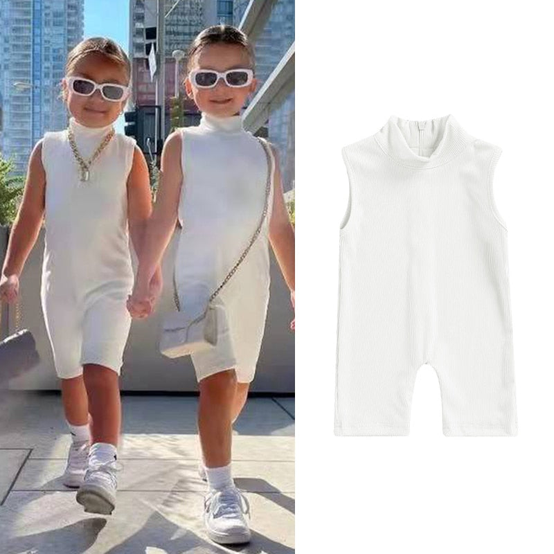 2023 Toddler Baby Girls Ribbed Rompers Kids Summer Sleeveless Cotton Jumpsuit Back Zipper Elastic Bodysuit Solid Clothes Outfits